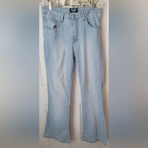 Y2K Angel's Flare Leg Jeans Womens 14 Light Blue Strechy Distressed Mid Rise GUC